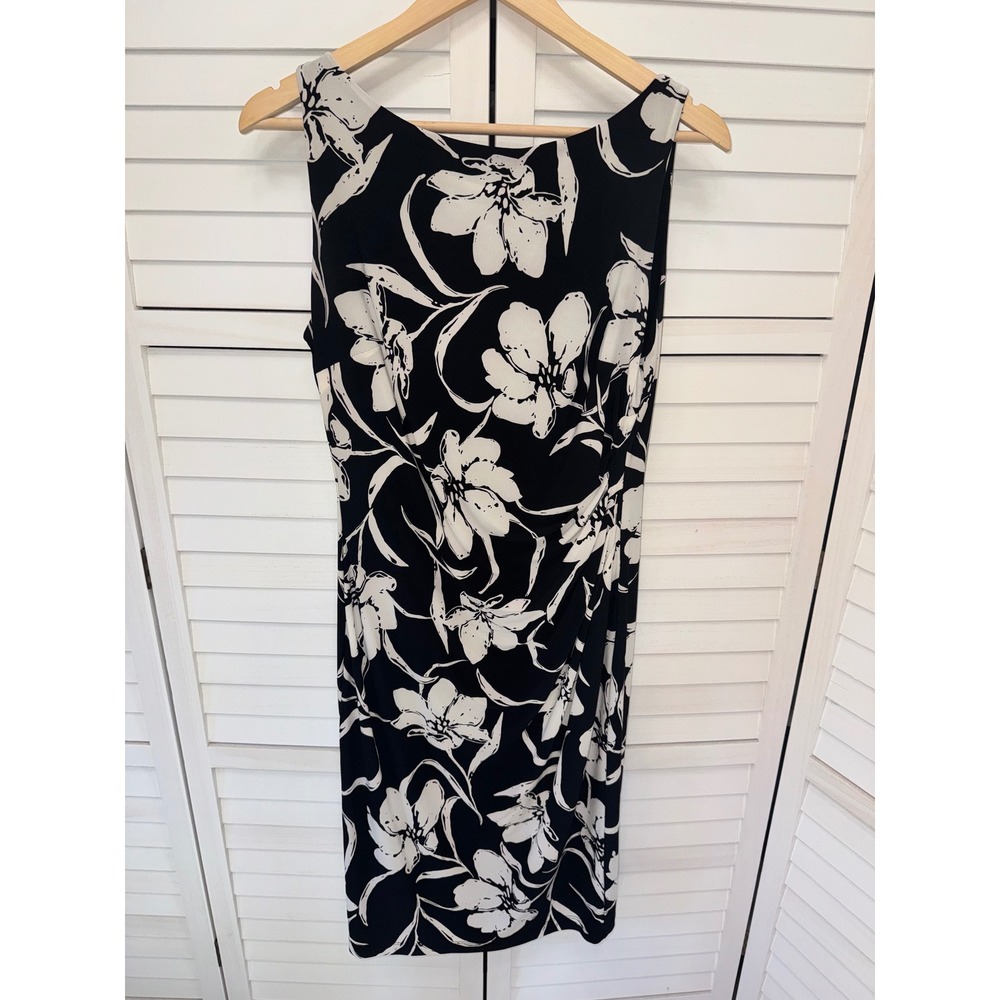 Lauren Ralph Lauren Dress Womens Black White Floral Ruched Sheath Size 10